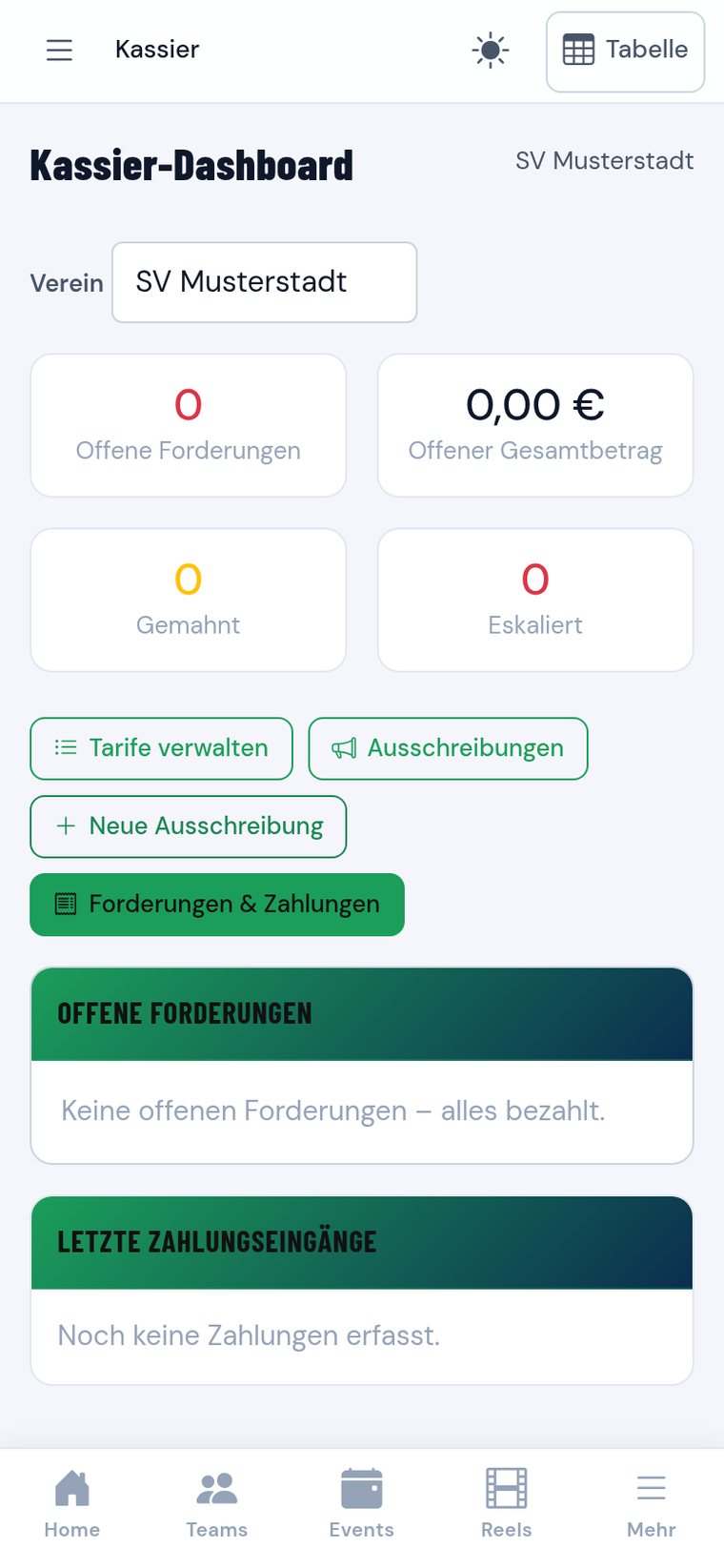 Beitragsübersicht des Kassiers mit offenen und bezahlten Forderungen