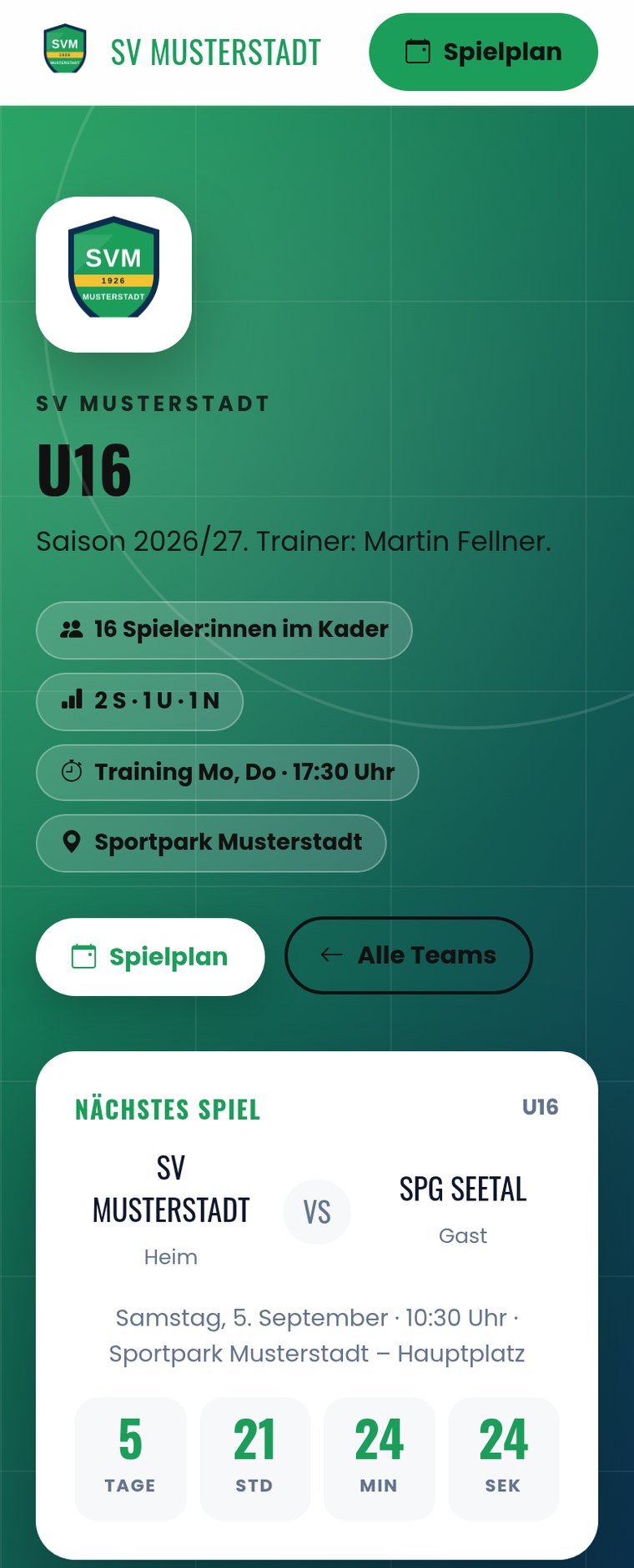 Teamseite der U16 mit Saison, Trainername, Kadergröße und Countdown zum nächsten Spiel