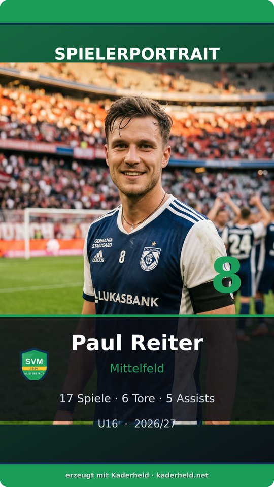 Fertiges Spieler-Reel im Hochformat mit Vereinswappen, Position und Saisonstatistik